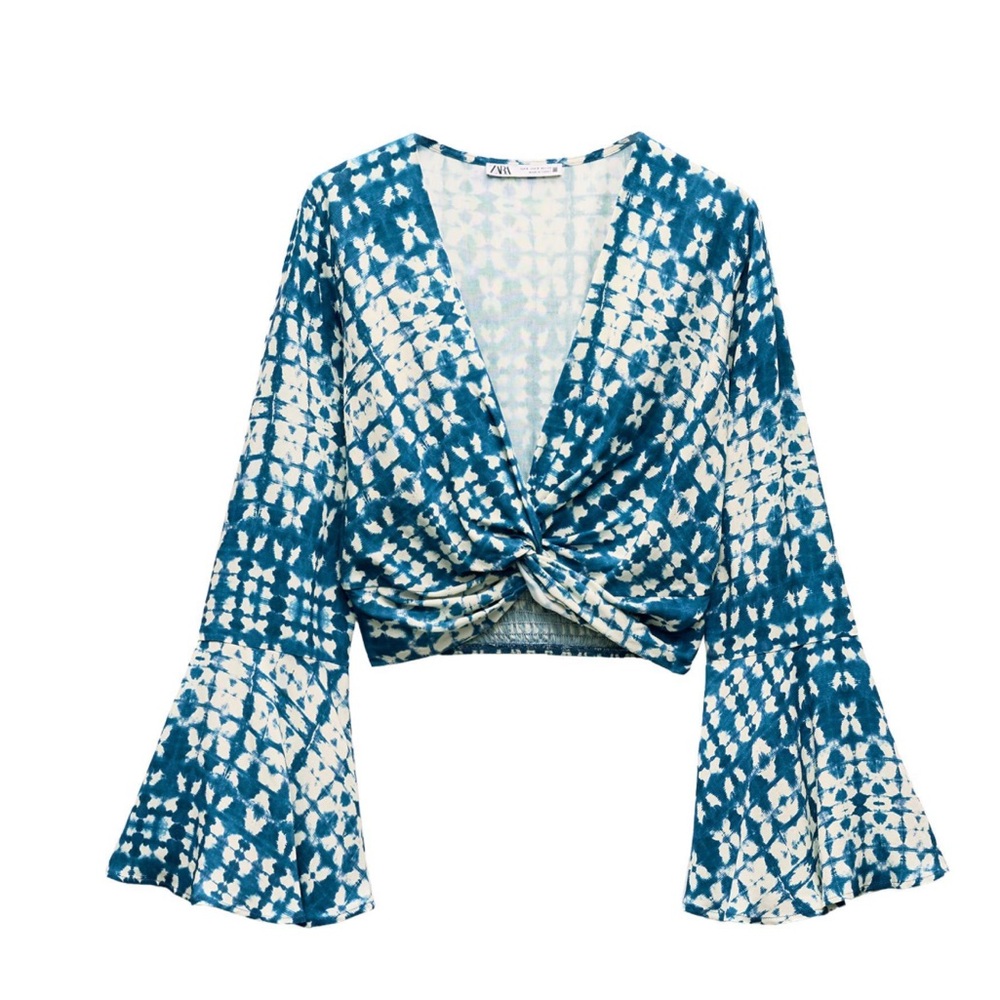Zara SET Teal and White Patterned Blouse AND PANTS SET
